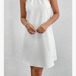 Elegant White Halter Dress with Pearl Accents